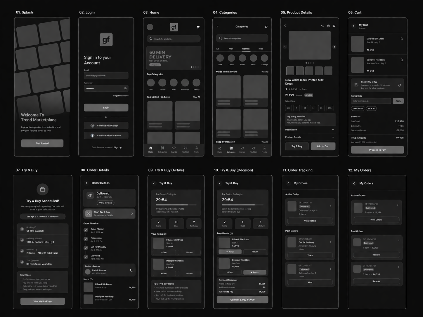 Low-fidelity wireframes for GoodFit covering all 12 screens
